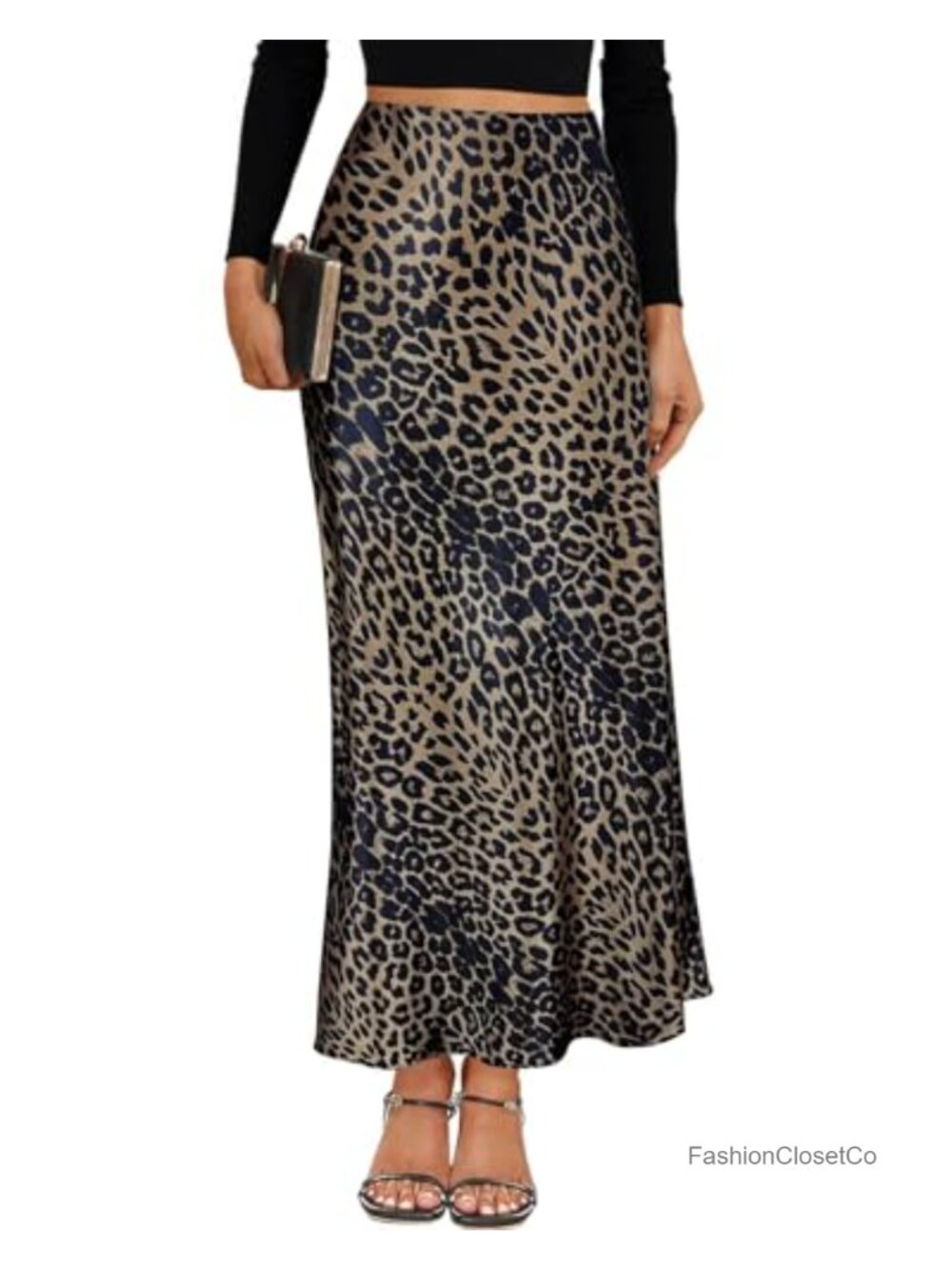 Satin Maxi Skirt High Waisted Leopard A-Line Long Skirt